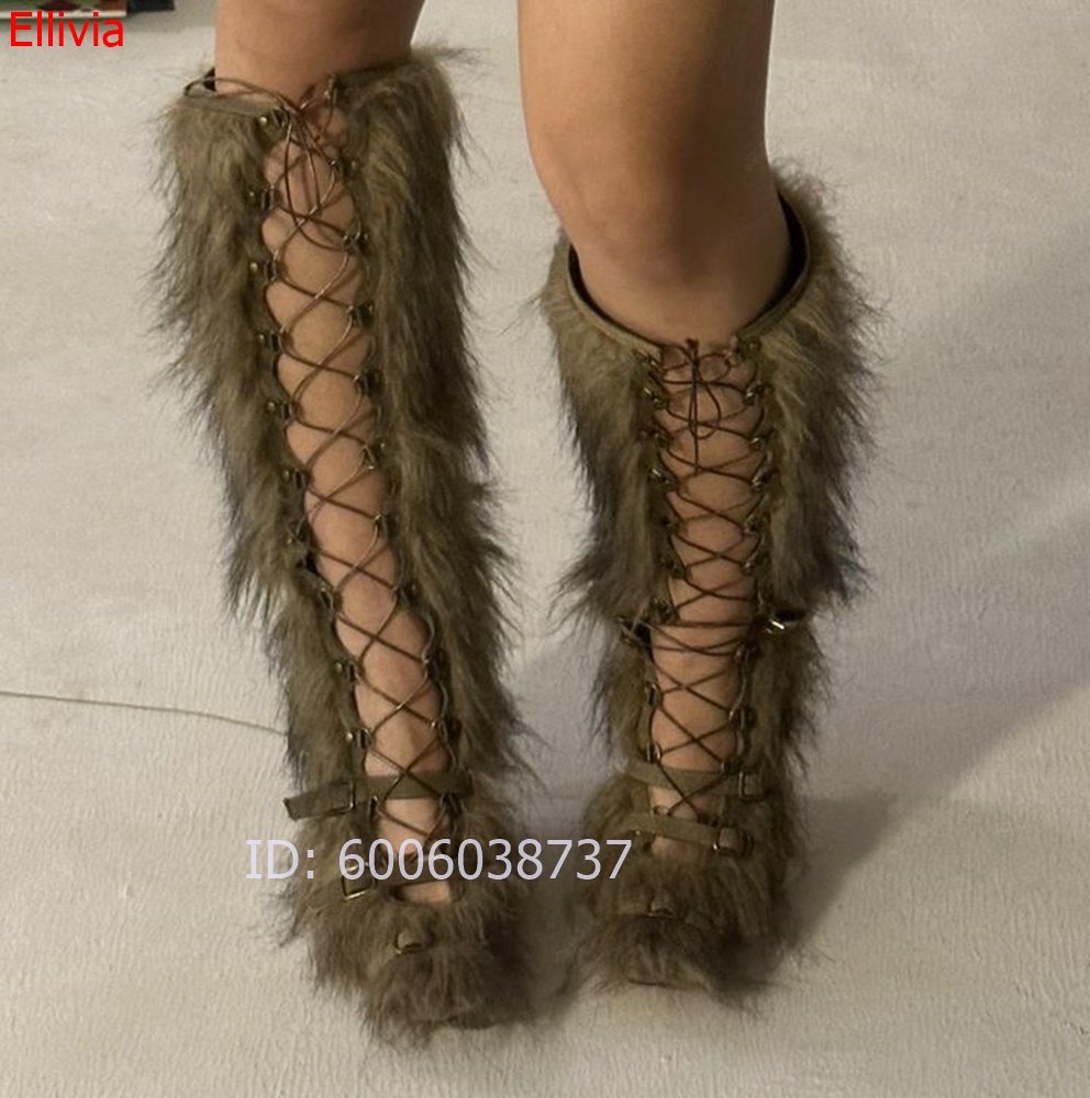Women Furry Knee High Boots Op - Elastic Lace Trim recension och pris