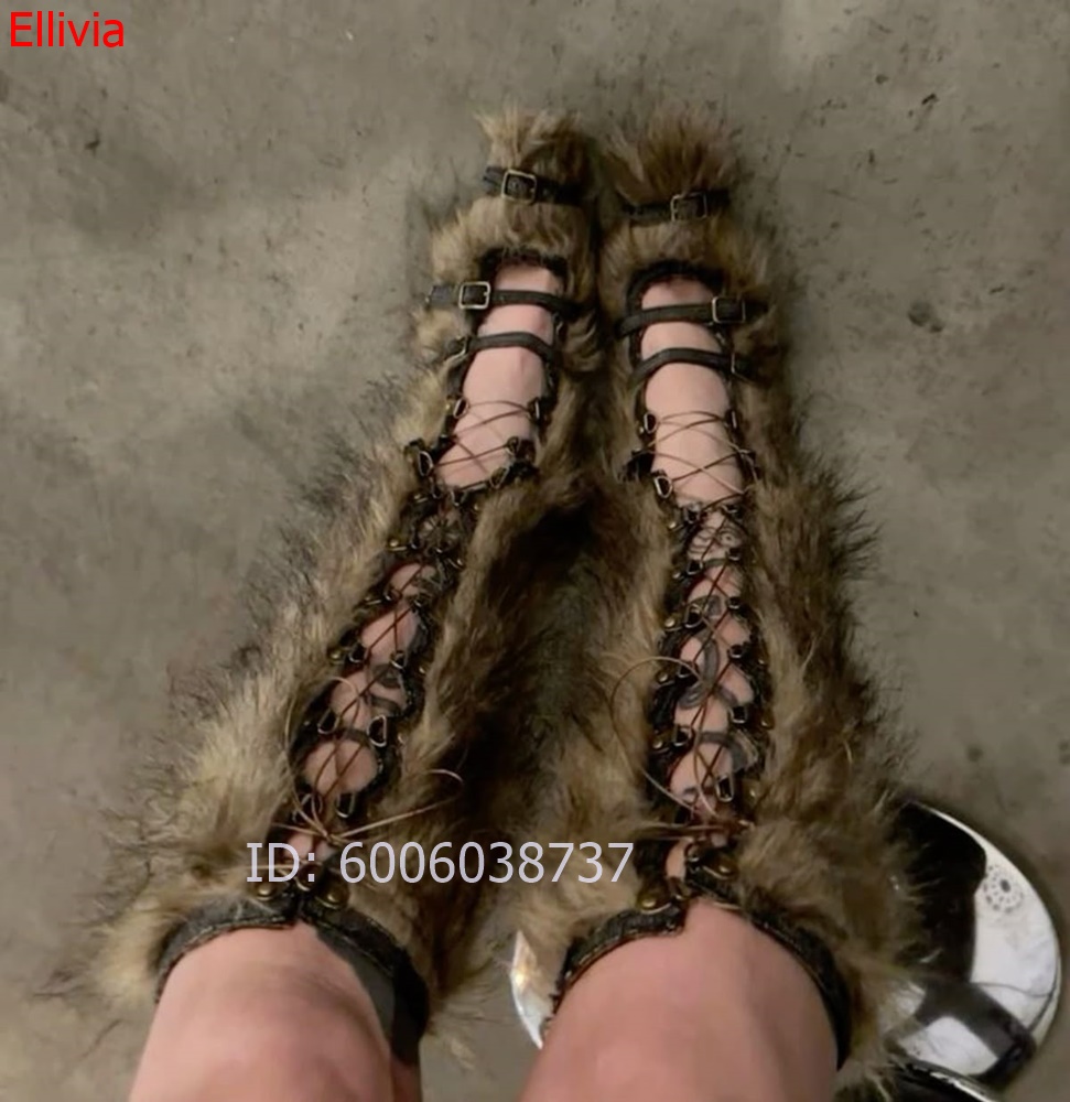 Women Furry Knee High Boots Op - Elastic Lace Trim recension och pris